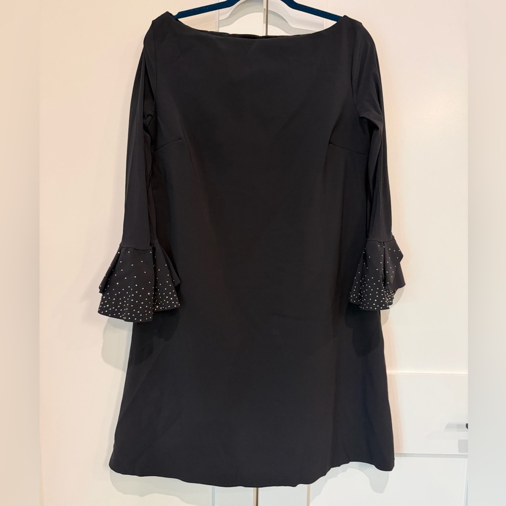 Chiara Boni Elegant Black Dress With Sequin Ruffle Sleeve Detail Sz 50 US 12 XL - Picture 3 of 17